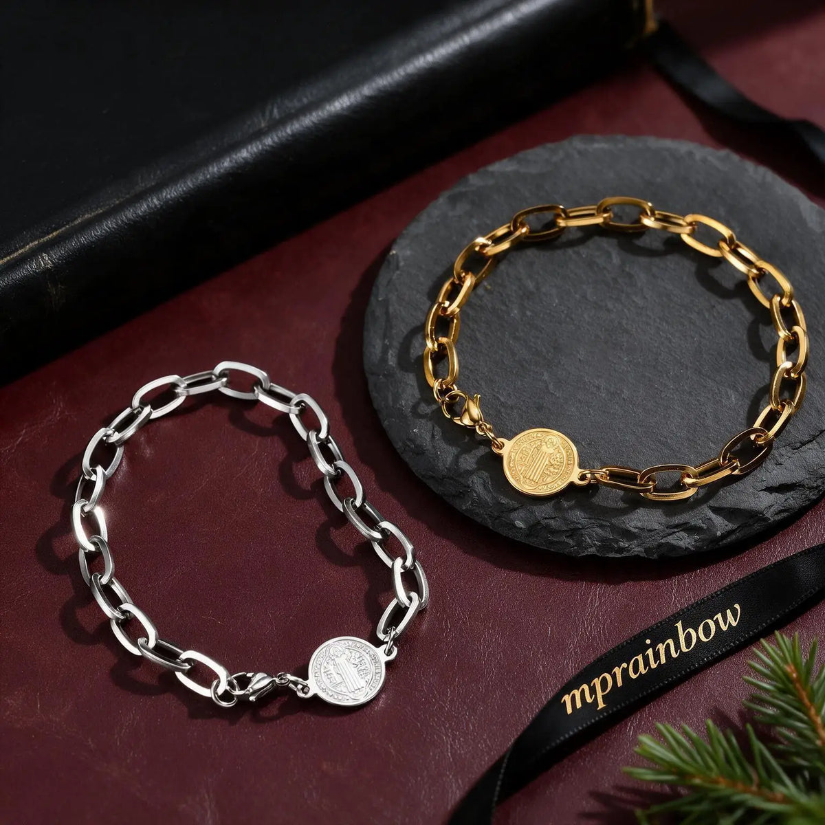 Saint Benedict Bracelet for Men,Gold Silver Color Stainless Steel Link Chain Wristband,Catholic Christian Medal Jewelry Gift