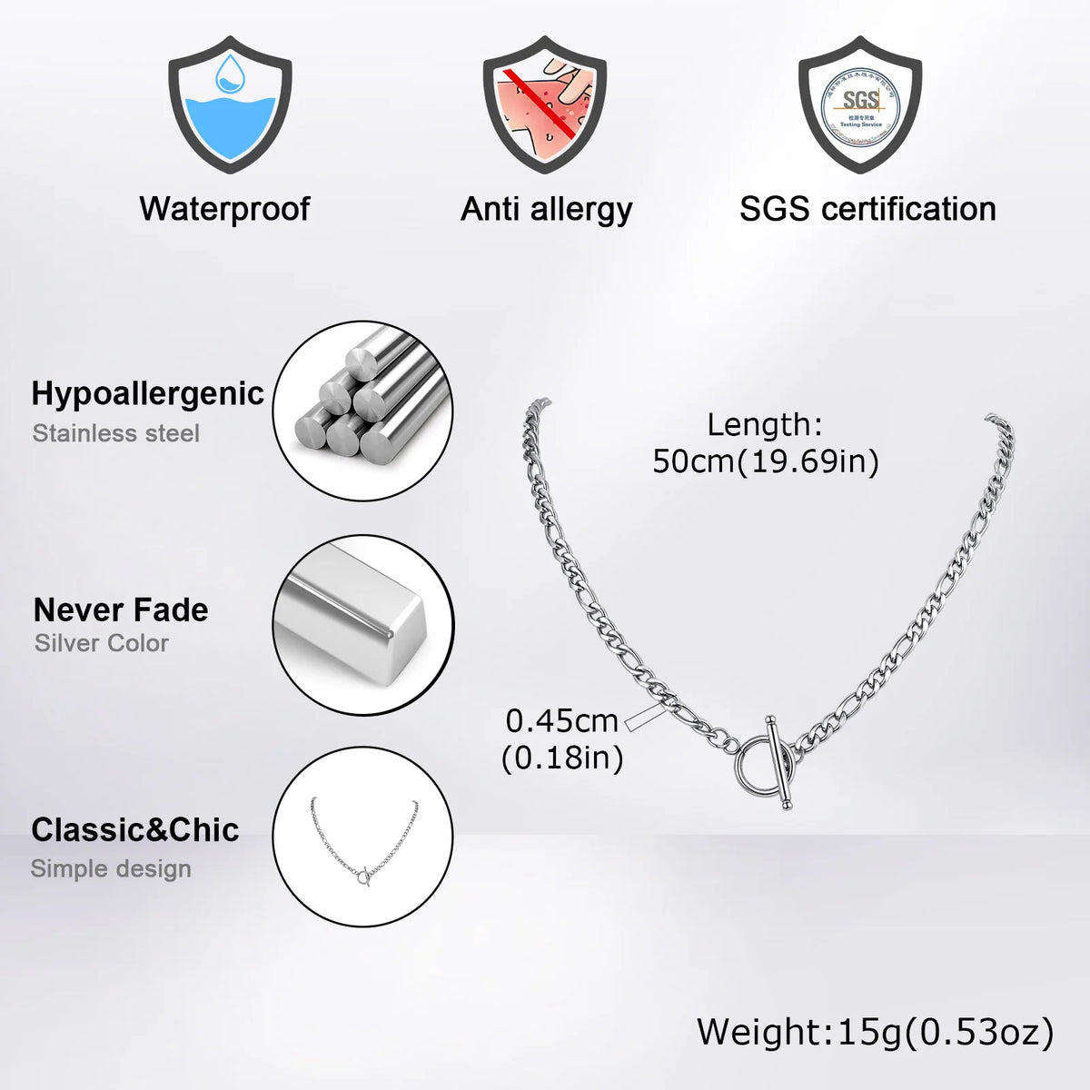 Men's Chain Necklace,Stainless Steel Cuban Chain Figaro Chain Collar,Classic Basic Gold Black Silver Color Chain