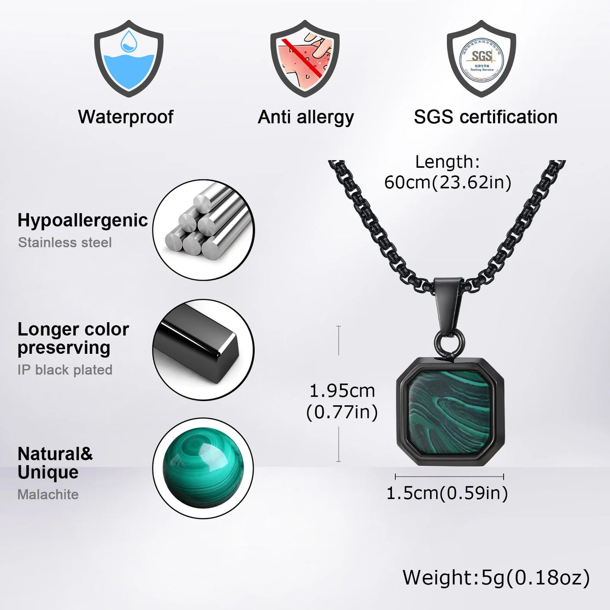 Trendy Green Square Natural Stone Necklace for Men,Stainless Steel Malachite Pendant Necklace,Minimalist Gifts for Husband Dad