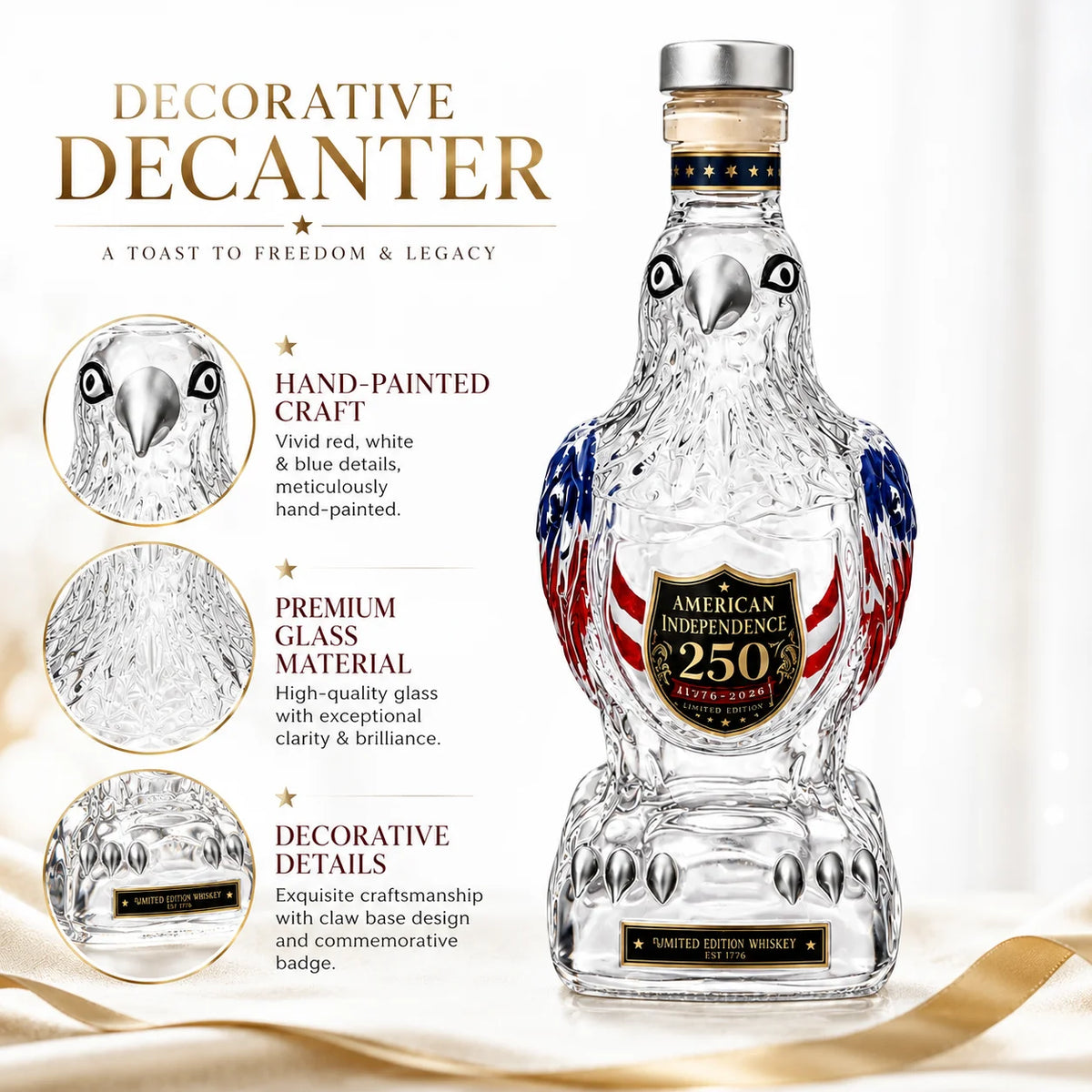 2026 USA Independence 250 Years Eagle Shaped Glass Decanter Painted Whiskey Bottle Collectible Bar Decoration