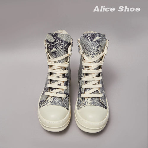 Brand Men Ankle Boot Casual Leather High Top Women Sneaker Python-Embossed Flat Luxury Dark Designer Thick-sole Grey Flat Shoe