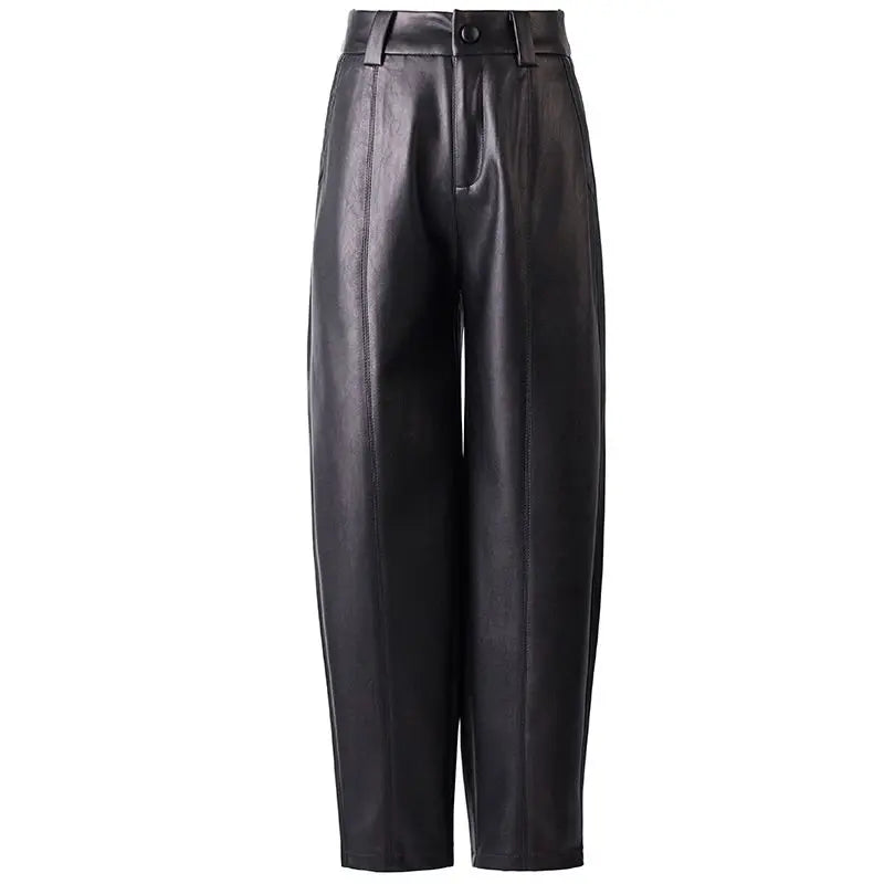 Casual leather pants women in autumn new high waisted loose fitting solid color wide leg nine inch Haren balloon pants