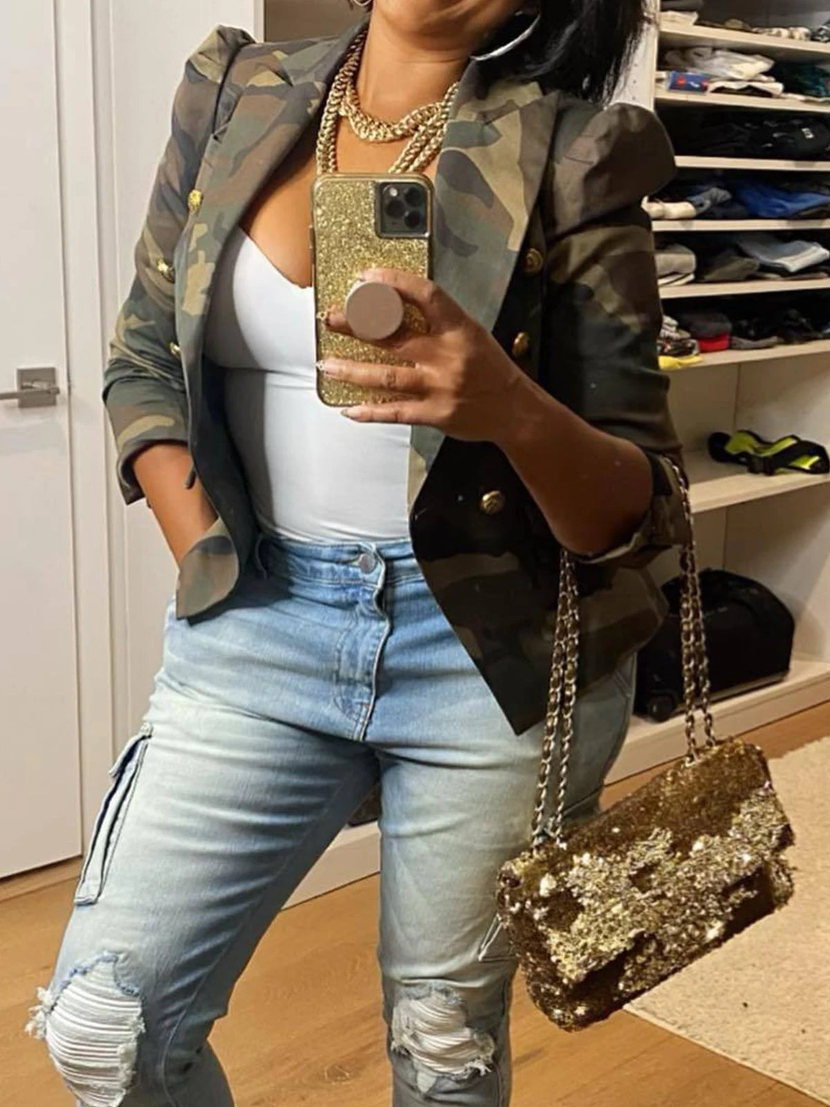 Camouflage Printed Double Breasted Jacket, Casual Long Sleeved Lapel Open Top, Suitable For Spring And Autumn, Women's Clothing