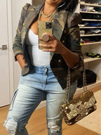 Camouflage Printed Double Breasted Jacket, Casual Long Sleeved Lapel Open Top, Suitable For Spring And Autumn, Women's Clothing