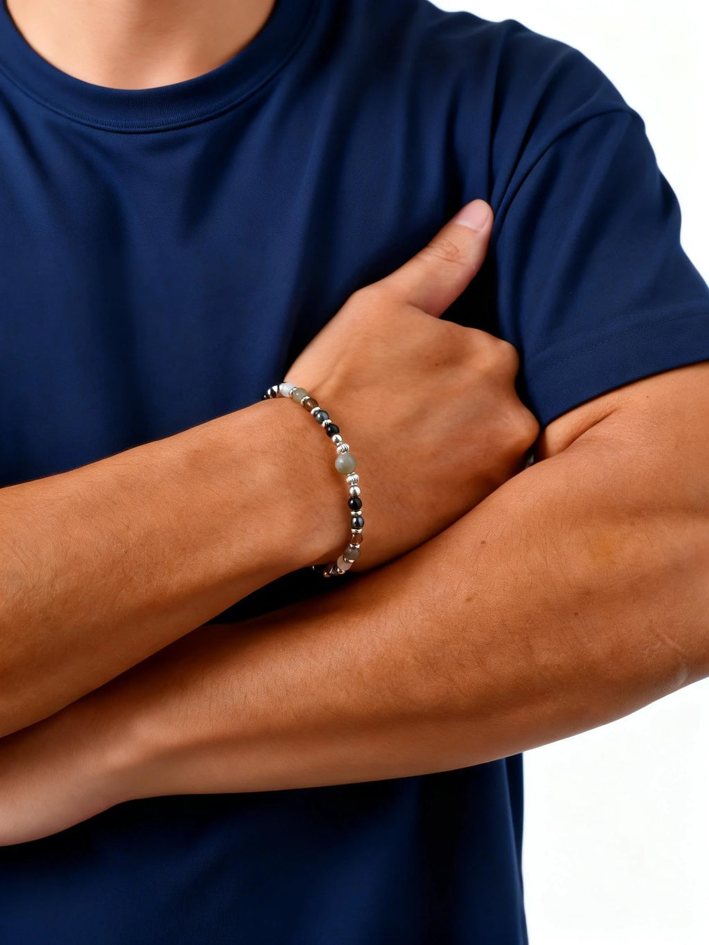 Healing Natural Stone Beaded Bracelets for Men Boys,Hip Hop Metal Adjustable Beaded Wristband,Causal Jewelry Gift