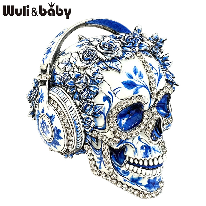 Wuli&baby Wear Headphone Skull Brooches For Women Unisex 2-color Enamel Sugar Skeleton Character Halloween Party Brooch Pin Gift