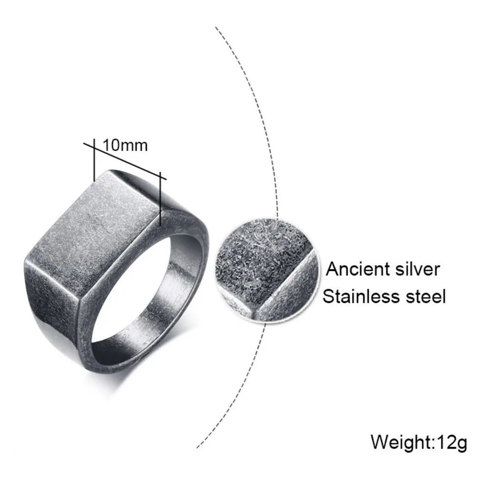 Retro Grey Rectangle Ring for Men Boys,Oxide Silver Color Stamp Rring Thumb Ring Chunky Ring,Stainless Steel Ring Gifts