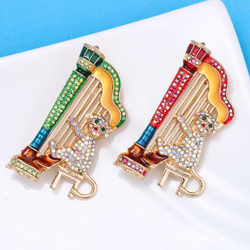 Wuli&baby Sparkling Music Cat Brooch Playing Harp Musician Multicolor Rhinestone Cute Animal Women Brooch Pins Jewelry Gift