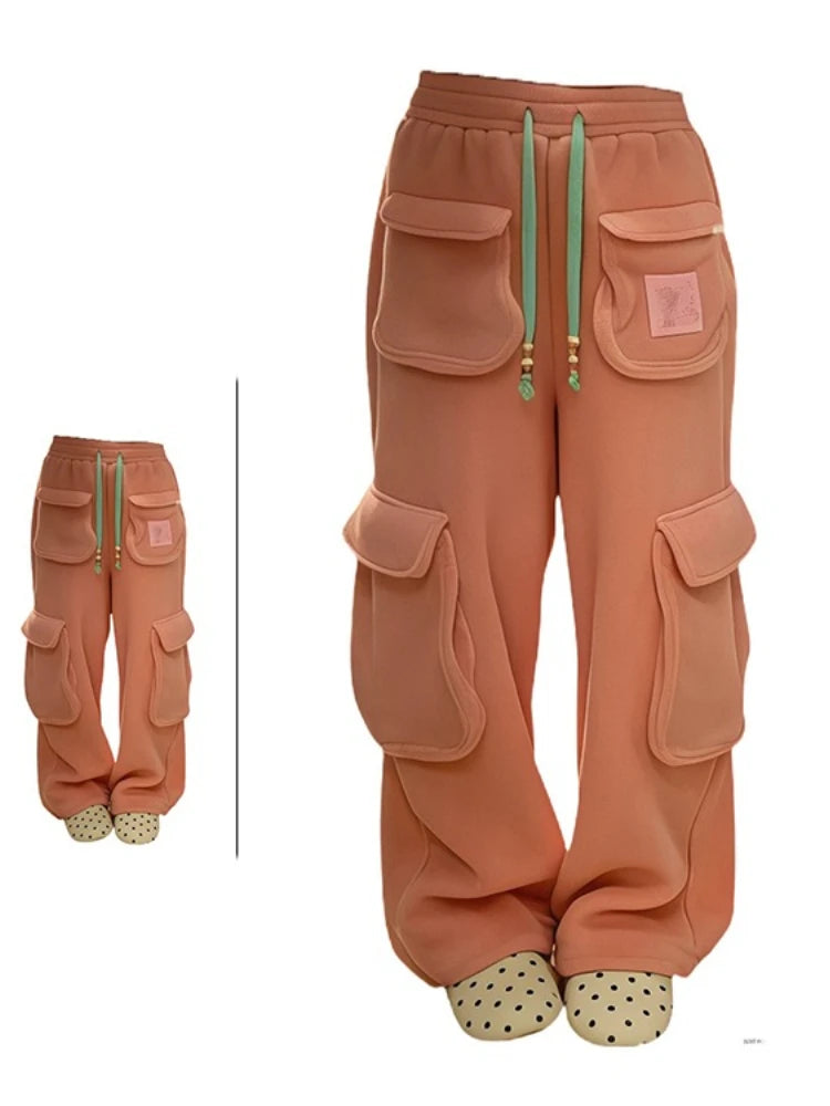 American style retro thick casual cargo pants women in winter new lamb wool loose fit fashion versatile wide leg pants