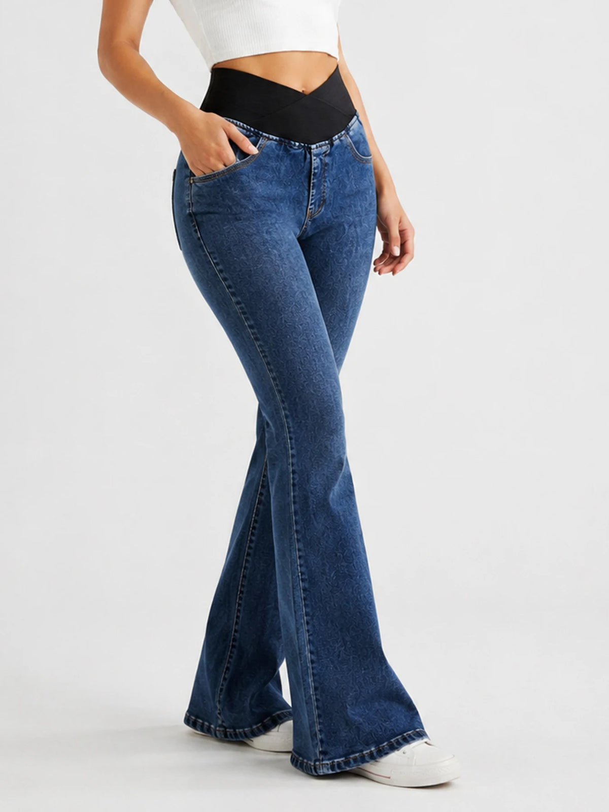 New Women's Low-rise Stretch Dark Wash Blue Flare Jeans, Multi-pocket Design, Women's Jeans and Clothing