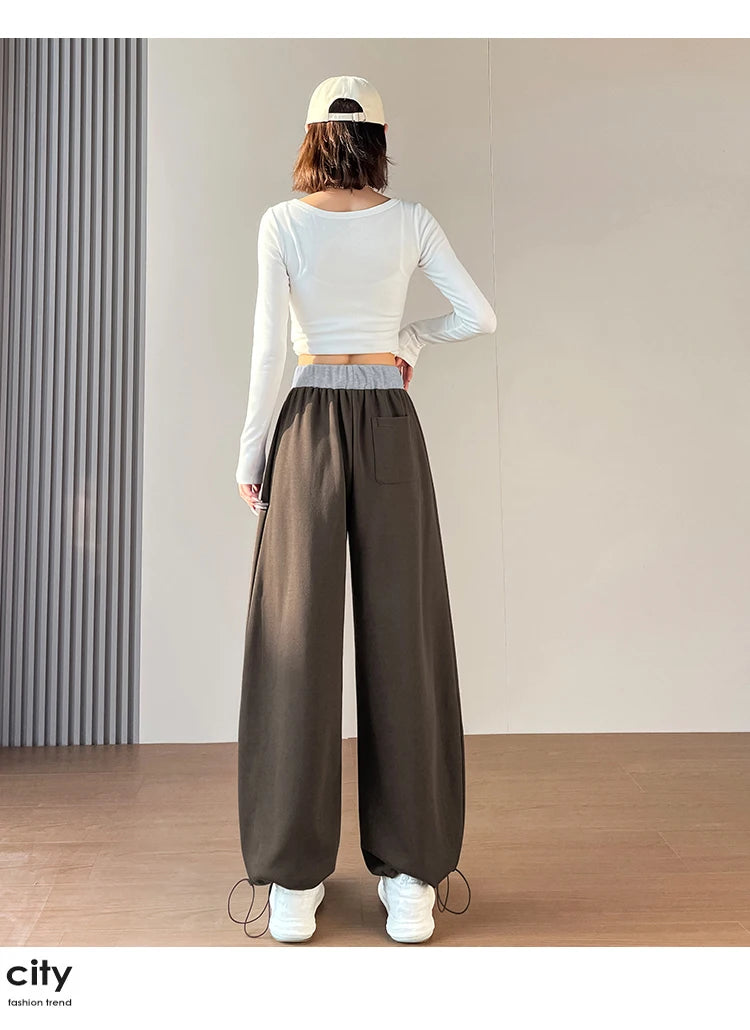 American style sports pants women in autumn and winter 2025 new style thick drawstring color blocking wide leg pants