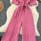 Fashionable casual lapel collar short sleeved cinched waist jumpsuit women's summer new solid color wide leg long pants