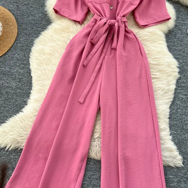 Fashionable casual lapel collar short sleeved cinched waist jumpsuit women's summer new solid color wide leg long pants