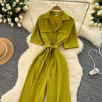 Fashionable casual lapel collar short sleeved cinched waist jumpsuit women's summer new solid color wide leg long pants