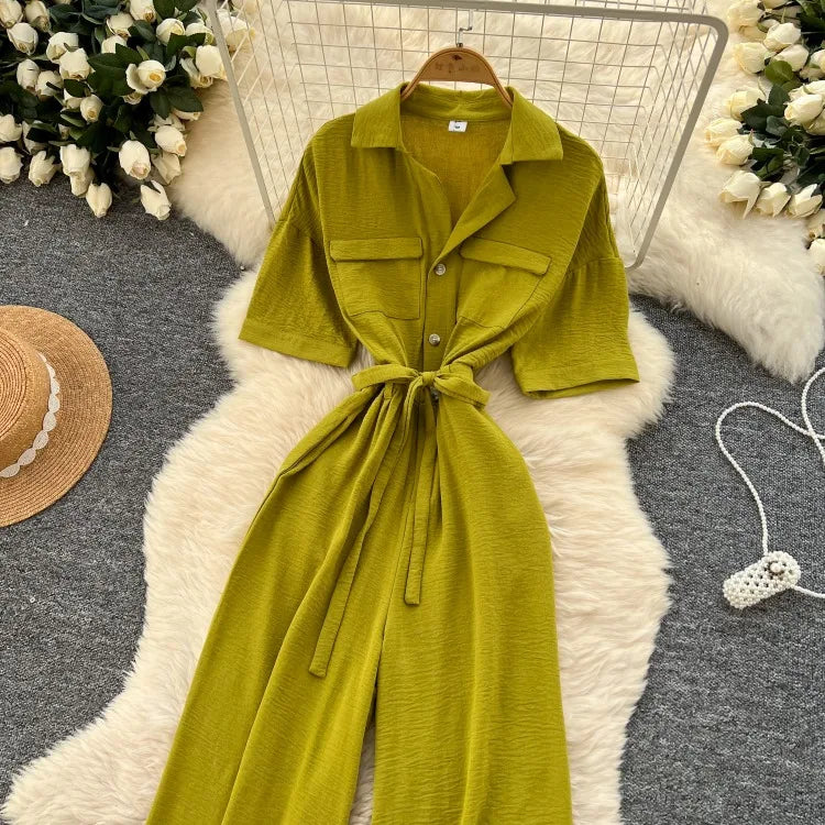 Fashionable casual lapel collar short sleeved cinched waist jumpsuit women's summer new solid color wide leg long pants
