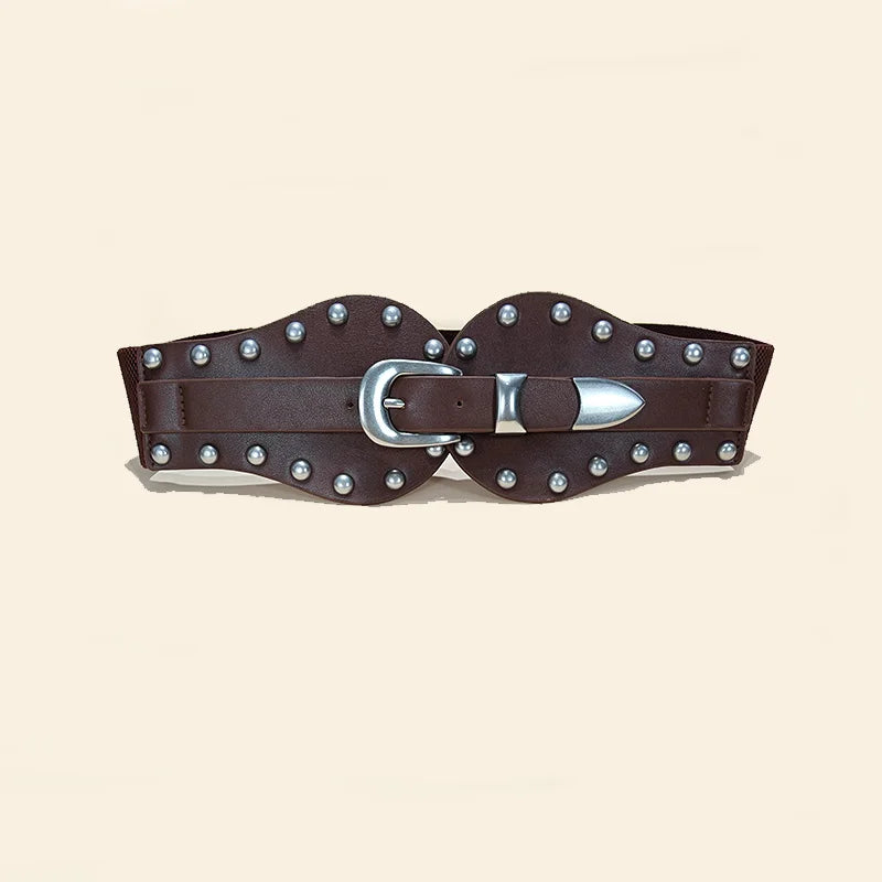 Retro Ladies Pu Leather Corset Belt Gothic Style Elastic Rivet Cummerbund Tie Rope Punk Accessory for Women Shirt Dress Belt