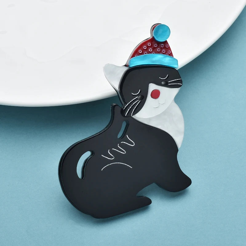 Wuli&baby Acrylic Cute Black Cat Brooches For Women Unisex Happy Wear Christmas Hat Pets Animal New Year Brooch Pins Gifts