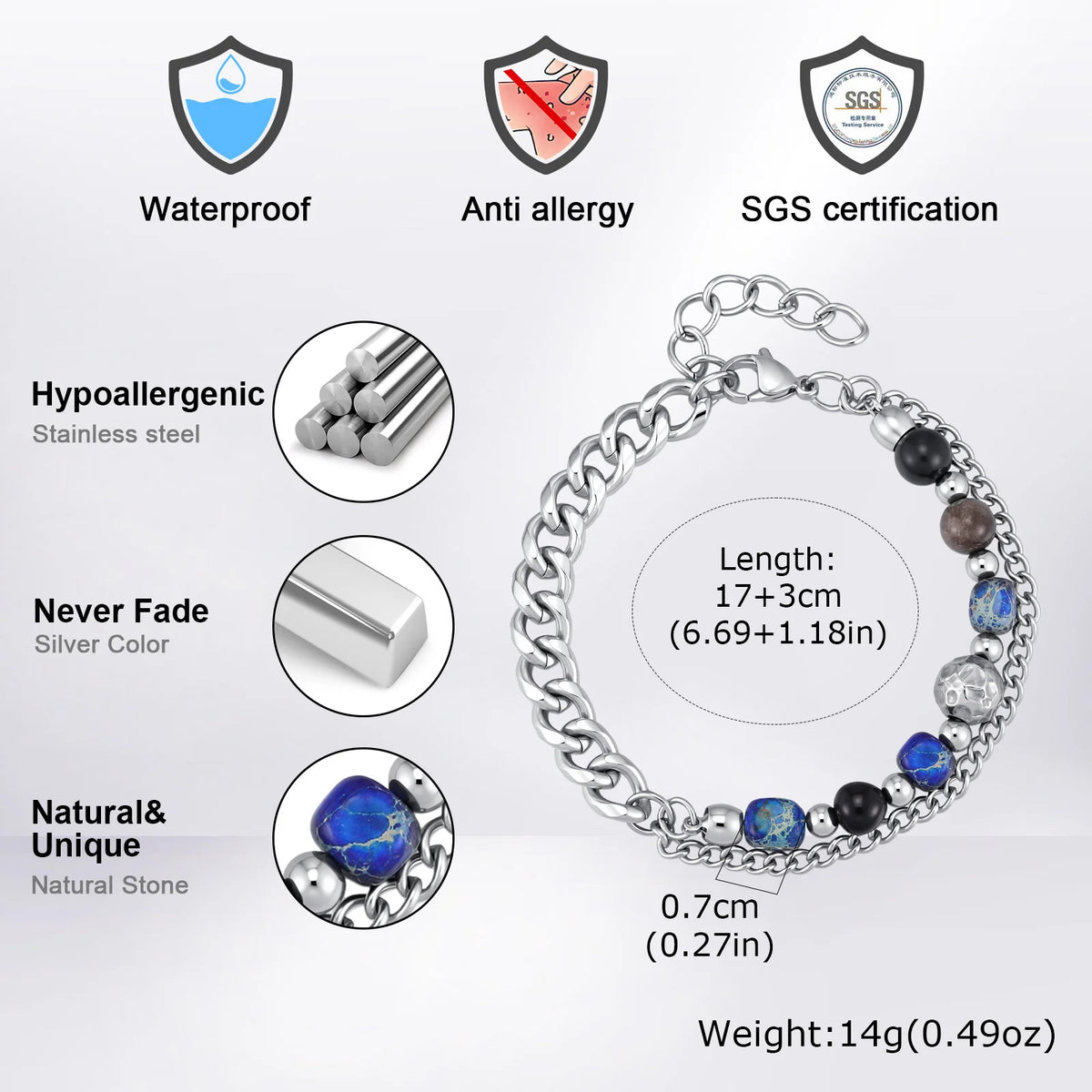 Hip Hop Natural Stone Beaded Bracelet for Men,Stainless Steel Turquoise Double Layer Spliced Chain Bracelet,Boho Jewelry