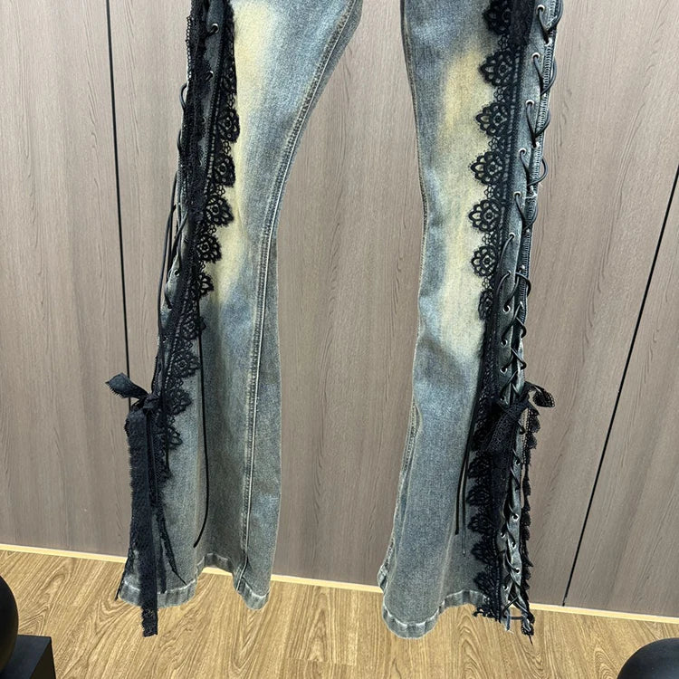Lace Up Flare Jeans Retro Stitch Lace Whiskers Slim Low Rise Split Bootcut Pants Women Bell Bottoms Streetwear