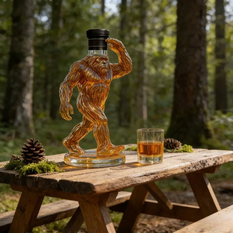 Collectible Sasquatch Whiskey Decanter with Royal Crown, Funny Middle Finger Glass Liquor Bottle for Man Cave & Camping Gifts