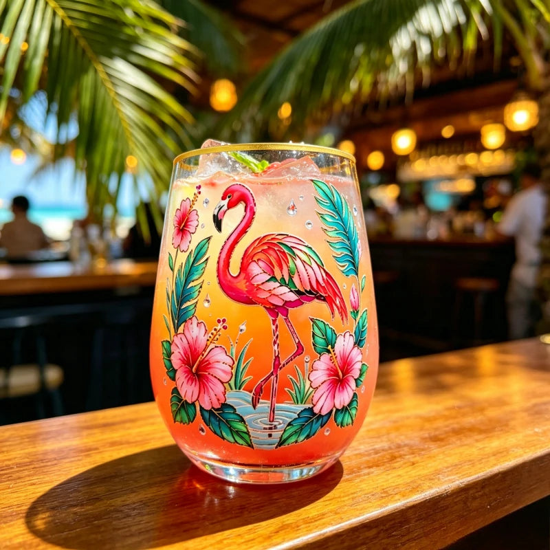 Flamingo Cocktail Glass Tropical Hibiscus Decal Stemless Beer Cup Gold Rim Bar Drinkware Party Gift