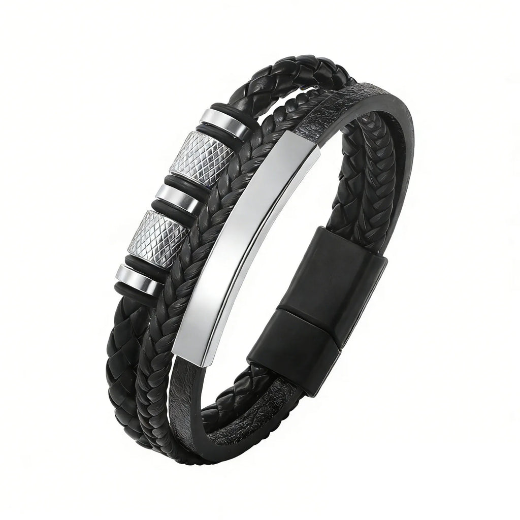 Black Multi Layers Leather Bracelet for Men,Metal Tube Charm Handmade Braided Rope Leather Bracelet,Gift for Husband Dad Son