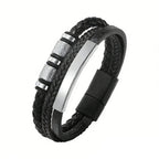 Black Multi Layers Leather Bracelet for Men,Metal Tube Charm Handmade Braided Rope Leather Bracelet,Gift for Husband Dad Son