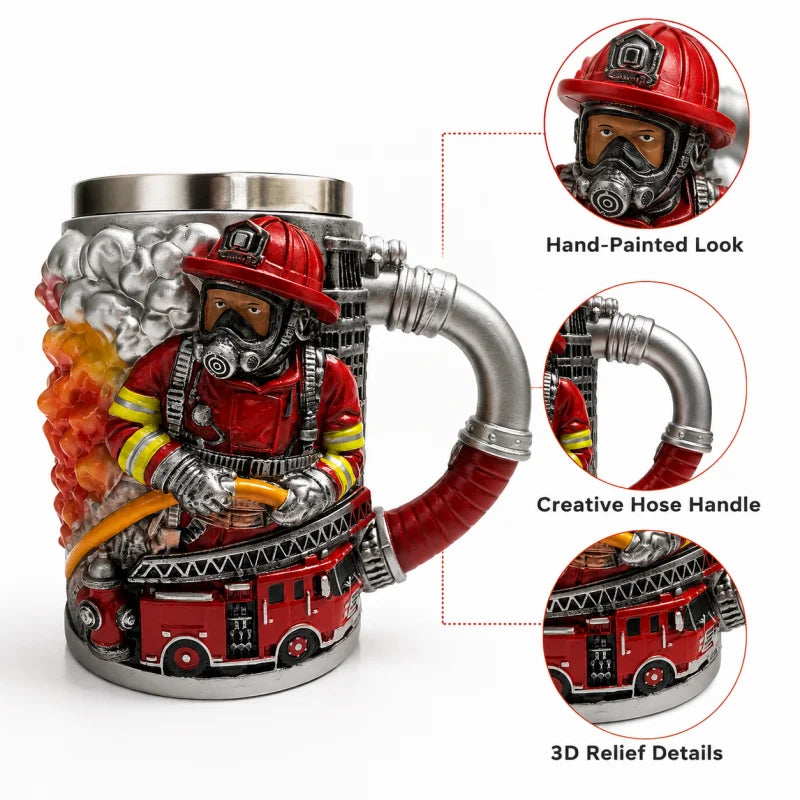 3D Firefighter Resin Mug Creative Fireman Coffee Cup with Hose Handle Fire Truck Relief Collectible Gift