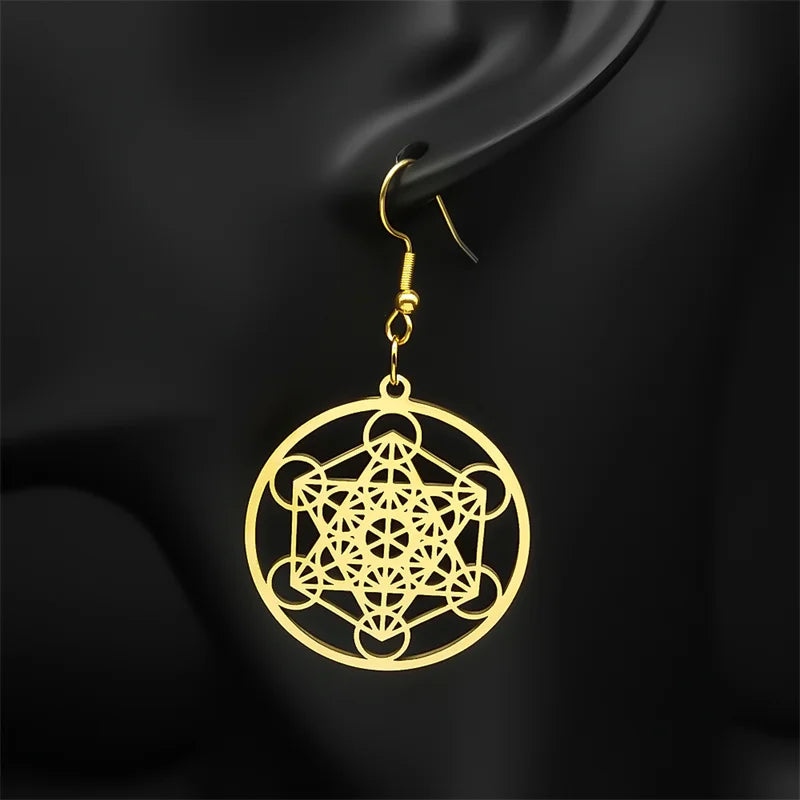 Sacred Geometry Metatron Cube Big Hoop Earrings for Women Stainless Steel Gold Color Amulet Chakra Round Hollow Earrings Jewelry