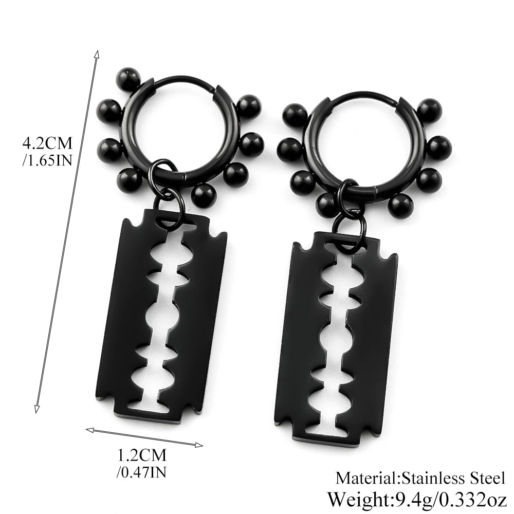 Punk Gothic Razor Blade Drop Earrings for Women Men Black Silver Color Hip Hop Stainless Steel Beads  Earring Rock Party Jewelry