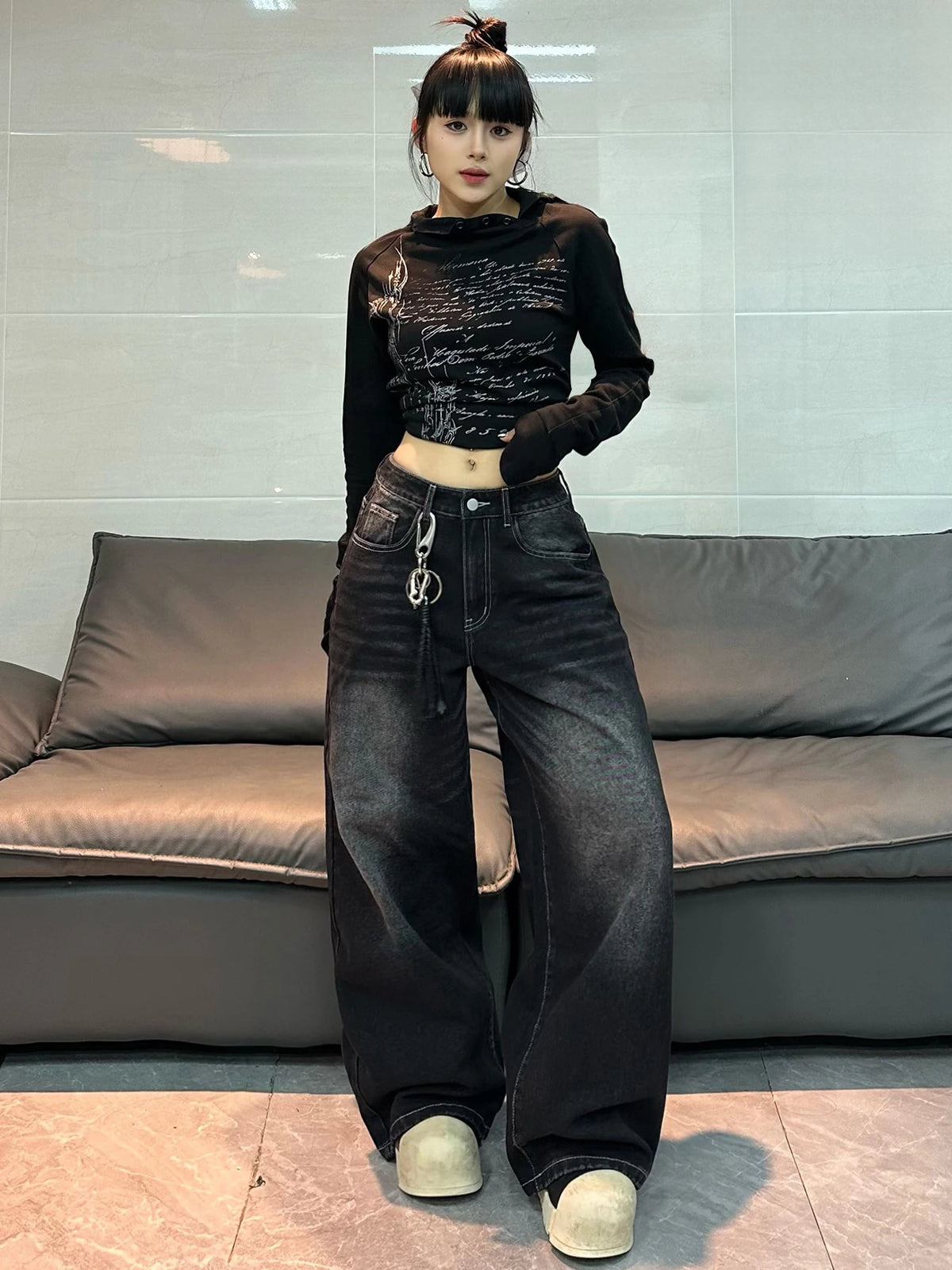American Vintage Distressed Washed Letter Embroidery Loose Jeans Y2K Street Fashion Versatile Black Wide-Leg Pants For Women