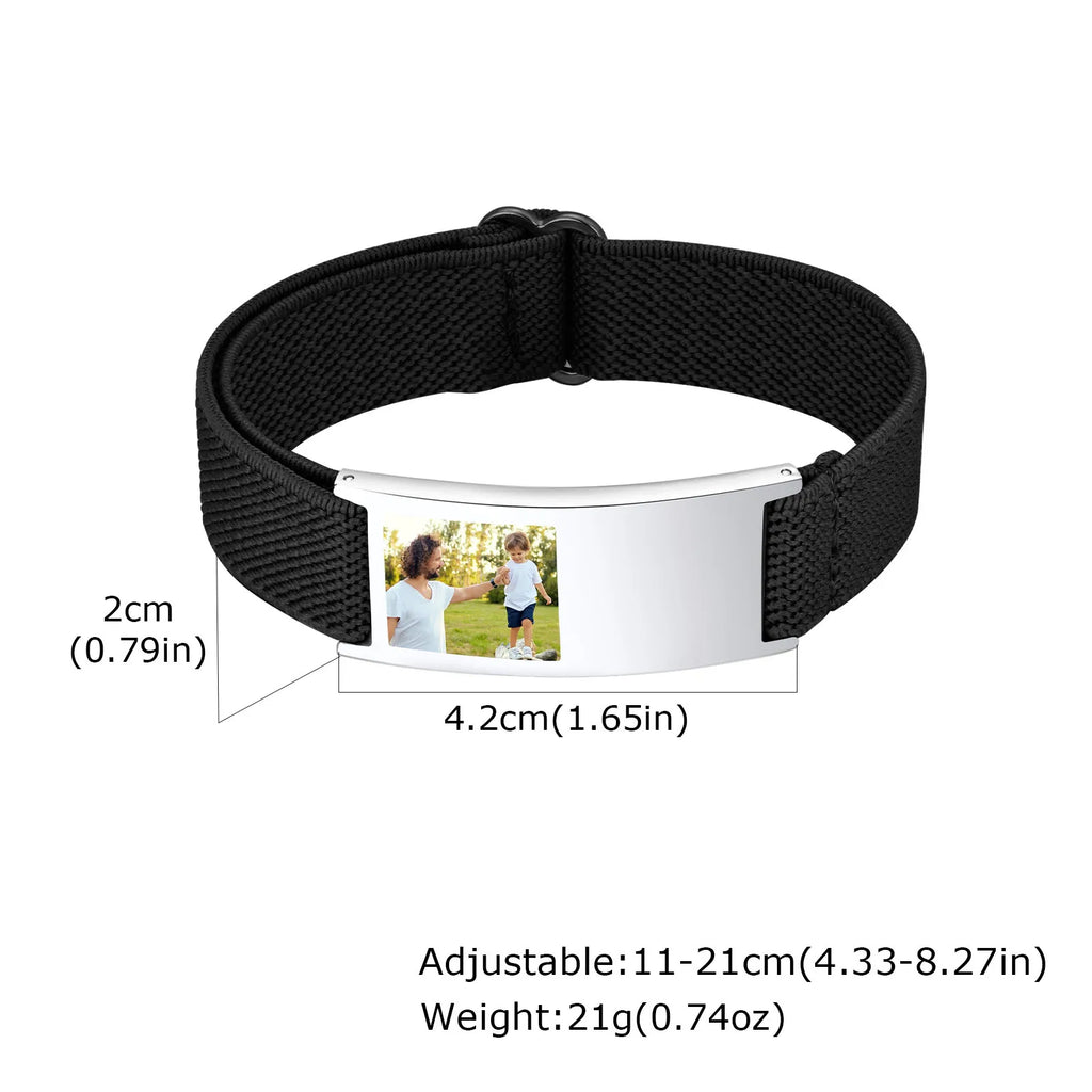 Engrave ID Bracelet for Boy Girls,Personalized Stainless Steel Fabric Elastic Bracelet,Family Photo Wristband Gift