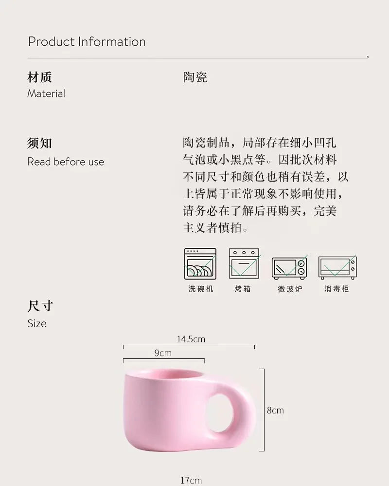 Creative chubby ceramic cup and saucer set, big handle design ins wind mug, macaron breakfast coffee