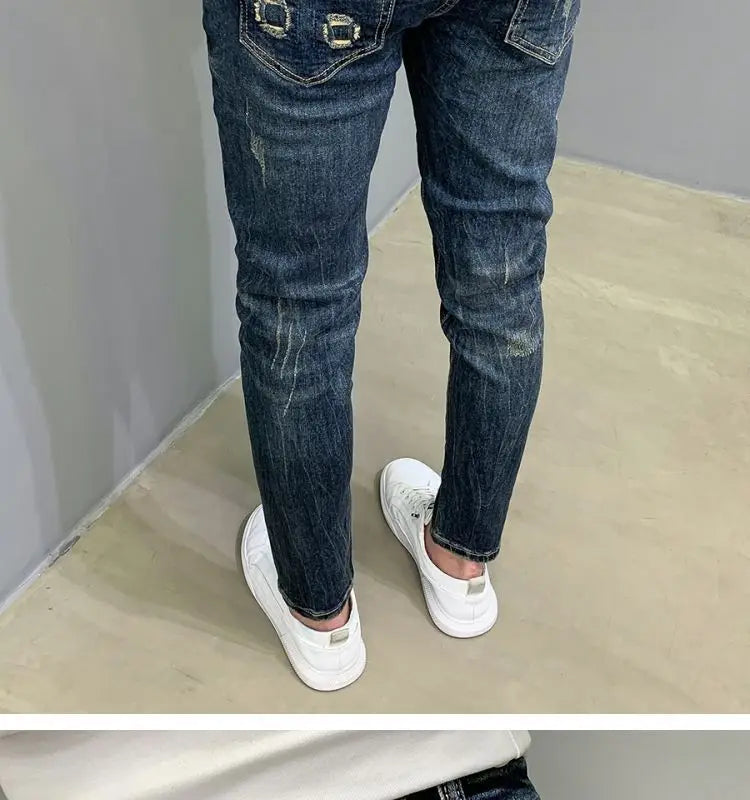 Harajuku Fashion Autumn New Blue Jeans Men's Trendy Brand Scratches Cargo Work Korean Slim-fitting Trousers Luxury Elastic Pants
