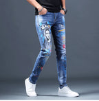 Spring Autumn Harajuku Fashion Art Craft Graphical Paintings 2000s Streetwear Male Slim Boyfriend Stylish Pants Denim Jeans Men