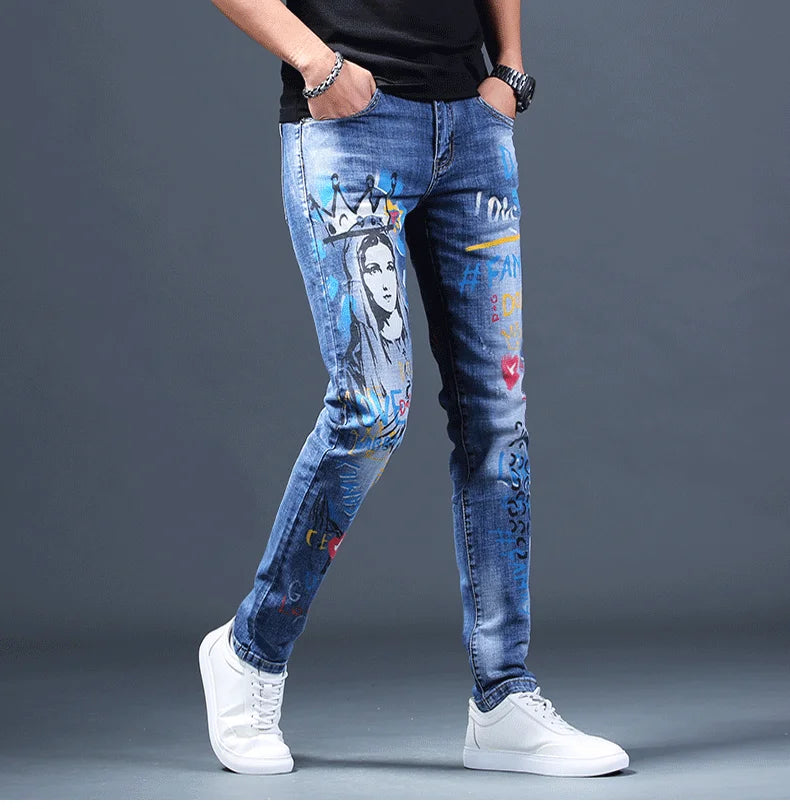 Spring Autumn Harajuku Fashion Art Craft Graphical Paintings 2000s Streetwear Male Slim Boyfriend Stylish Pants Denim Jeans Men