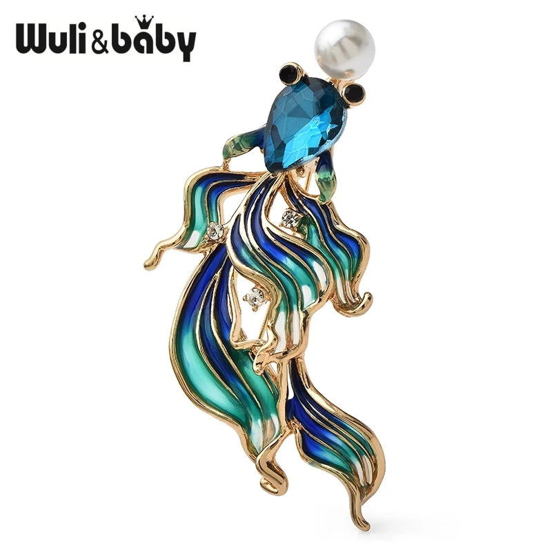 Wuli&baby Enamel Long Tail Goldfish Brooch Pins 4-color Metal Beautiful Swimming Fish Animal For Women's Clothes Pin Gifts