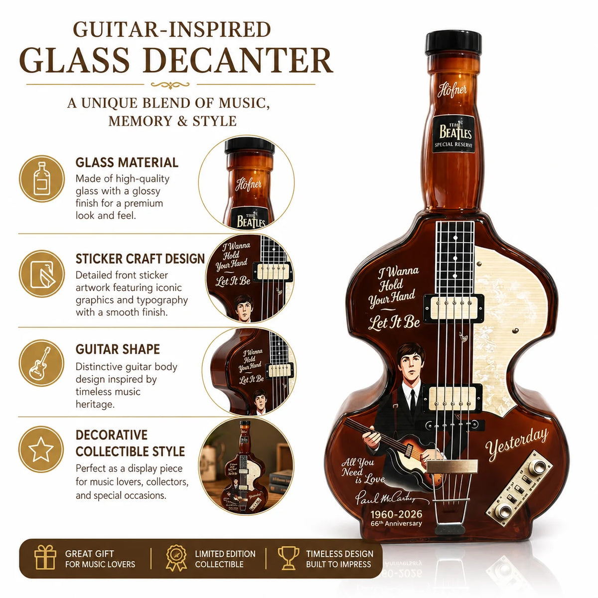 Paul McCartney The Beatles Glass Whiskey Decanter 350ml Guitar Shape Sticker Craft Liquor Bottle Music Fan Collection Gift