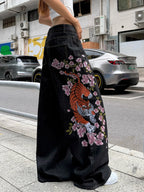 American Retro Tiger Flower Embroidered Black Loose Wide-Leg Jeans For Women, Street Hip-Hop Fashionable And Versatile Trousers