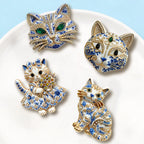 PENDRA Porcelain Cats Blue-and-White Rhinestone Brooch