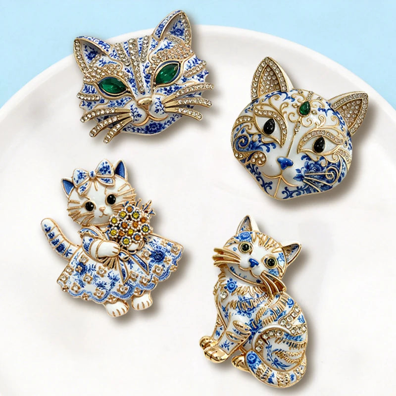 PENDRA Porcelain Cats Blue-and-White Rhinestone Brooch
