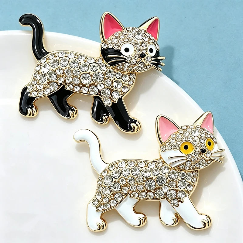 PENDRA Walking Kitty Enamel Rhinestone Cat Brooch