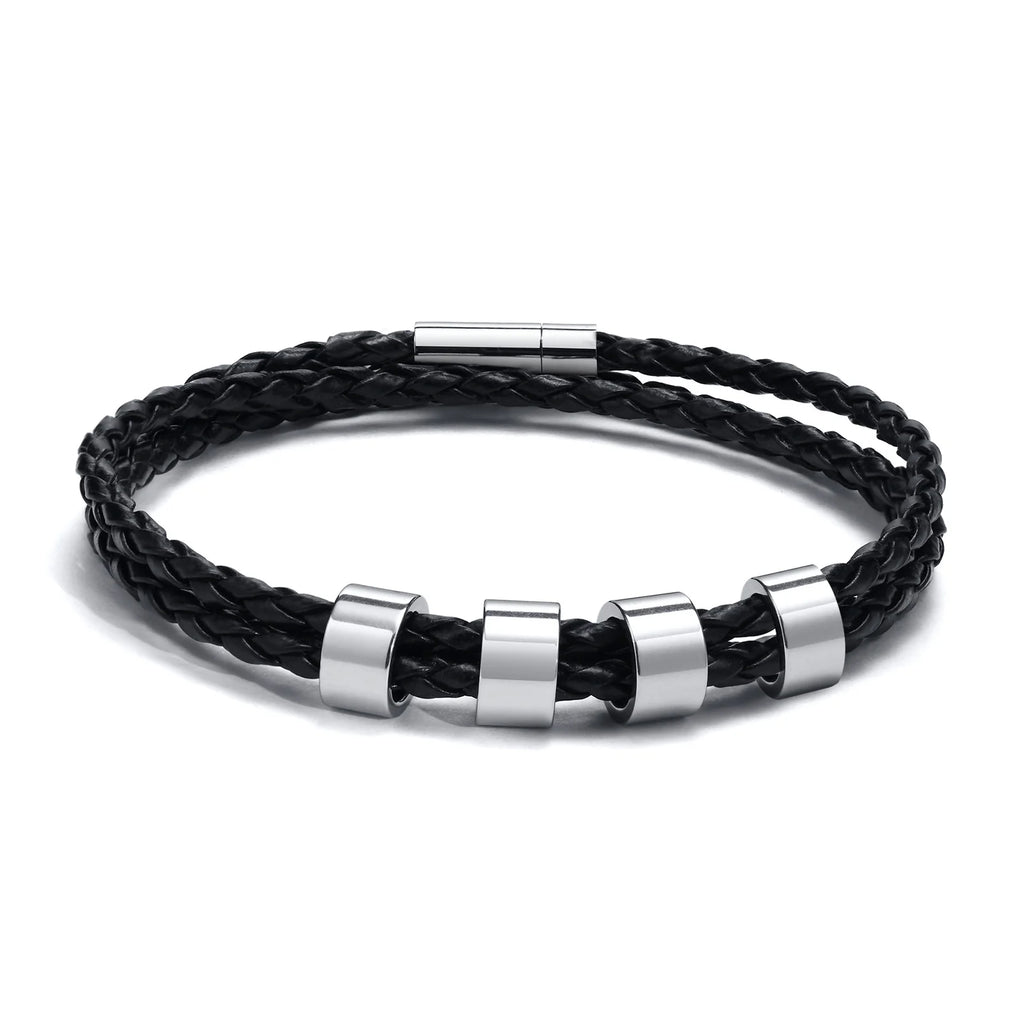 Custom 1-7 Names Multi Layer Leather Bracelet for Men,Stainless Steel Beads Handmade Braided Wristband,Gift for Father Dad