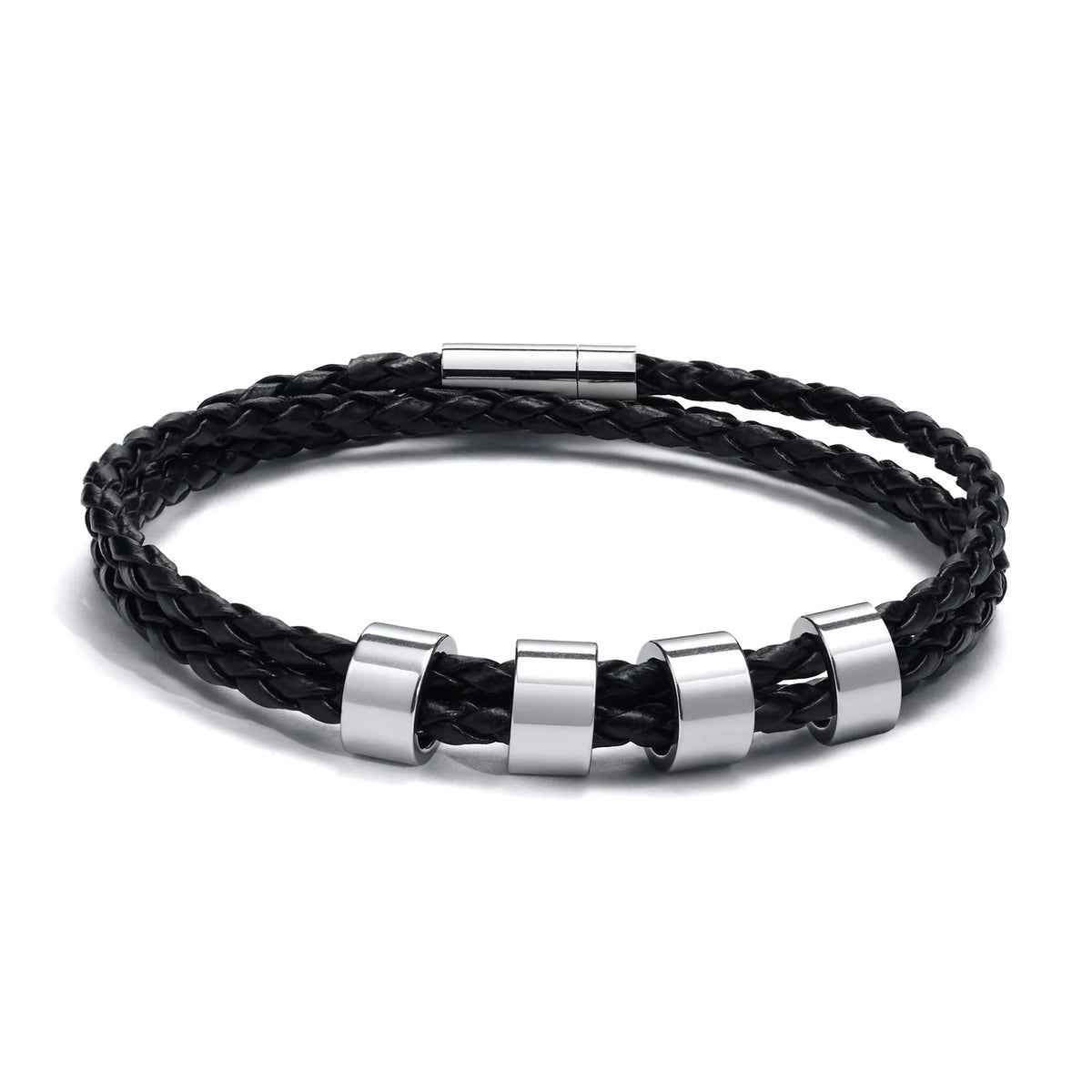 Custom 1-7 Names Multi Layer Leather Bracelet for Men,Stainless Steel Beads Handmade Braided Wristband,Gift for Father Dad