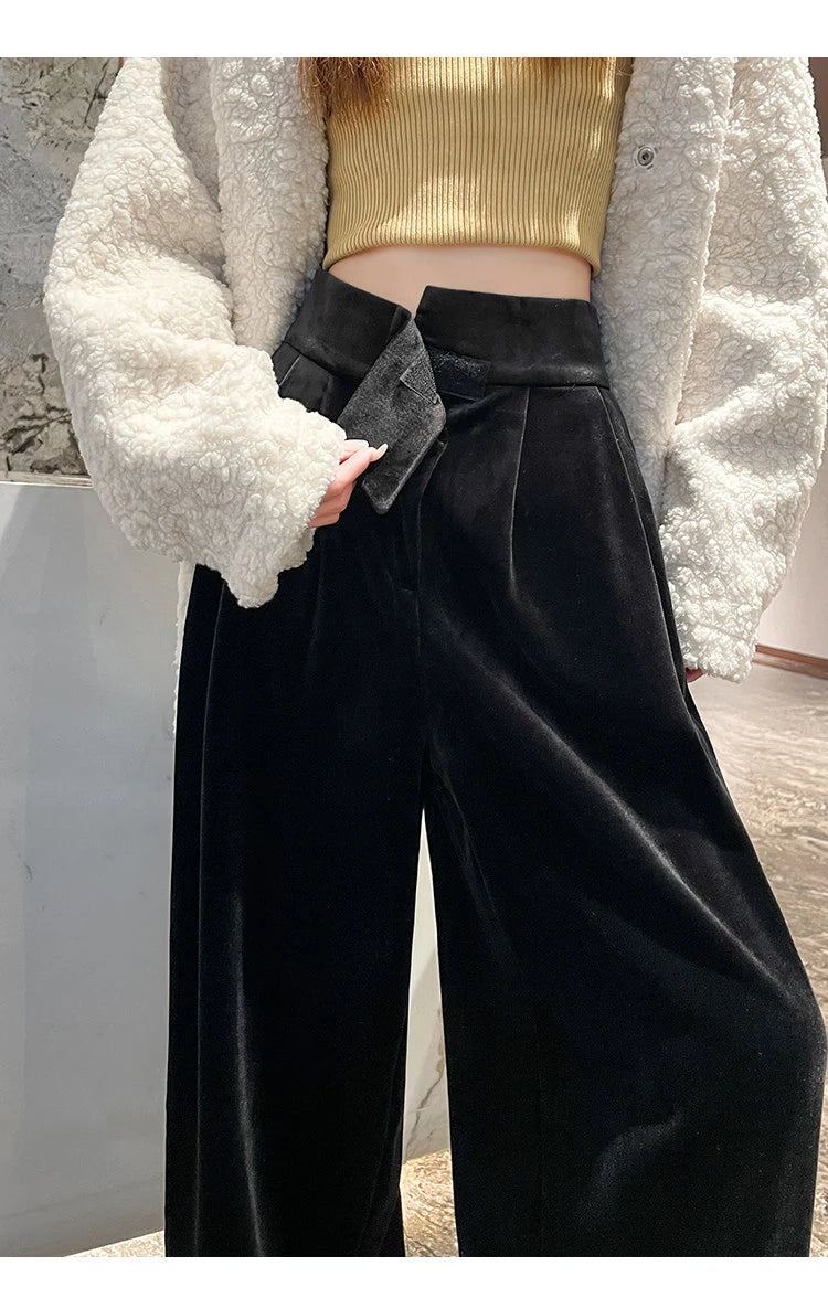 Black Gold Velvet Wide Leg Pants Women Winter Velvet High Waist Drop Feel Straight Tube Versatile Casual Floor Pants