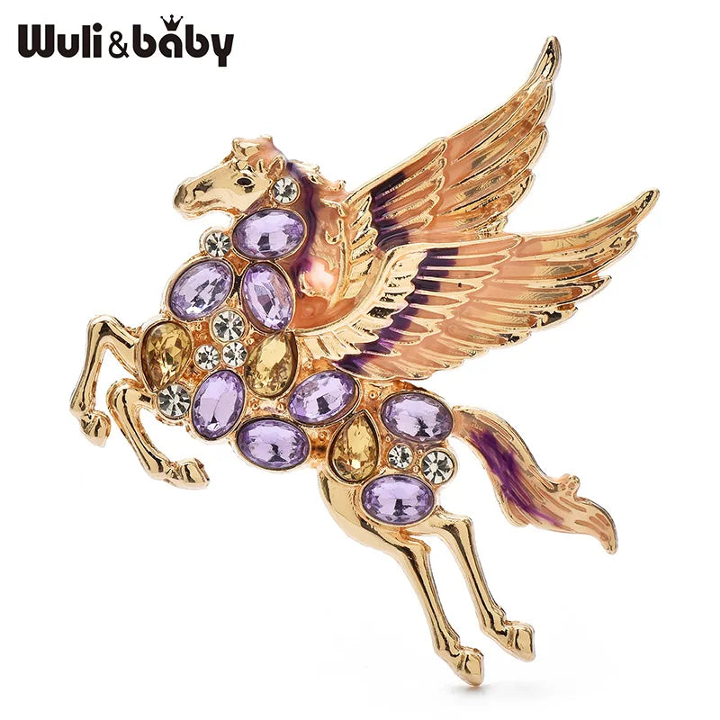 Wuli&baby Rhinestone Flying Elf Horse Brooches For Women Unisex 3-color Enamel Horse Animal Party Brooch Pins New Year Gifts