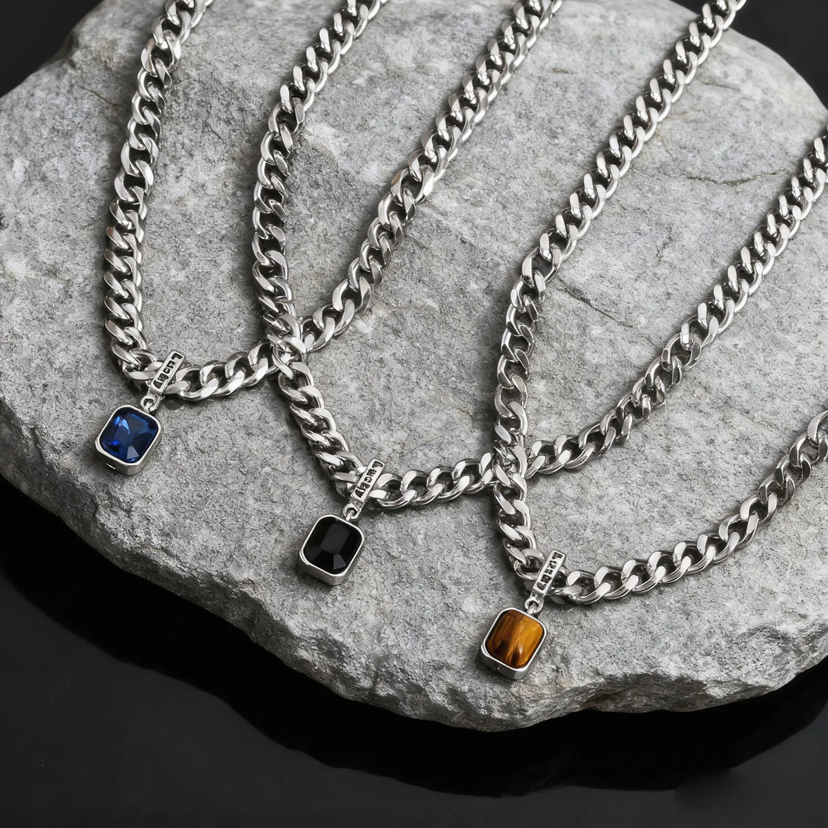 Hiphop Chunky Cuban Chain Necklace for Men Boys,Stainless Steel Lucky Words Square Stone Pendant Collar,Trendy Birthday Gift