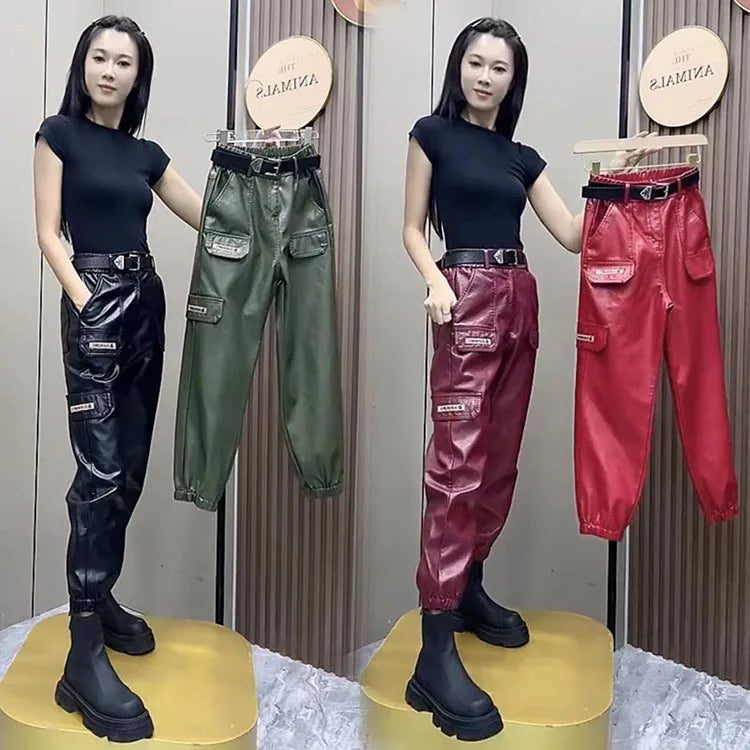 PENDRA Oversized Pocket Loose Leather Cargo Pants