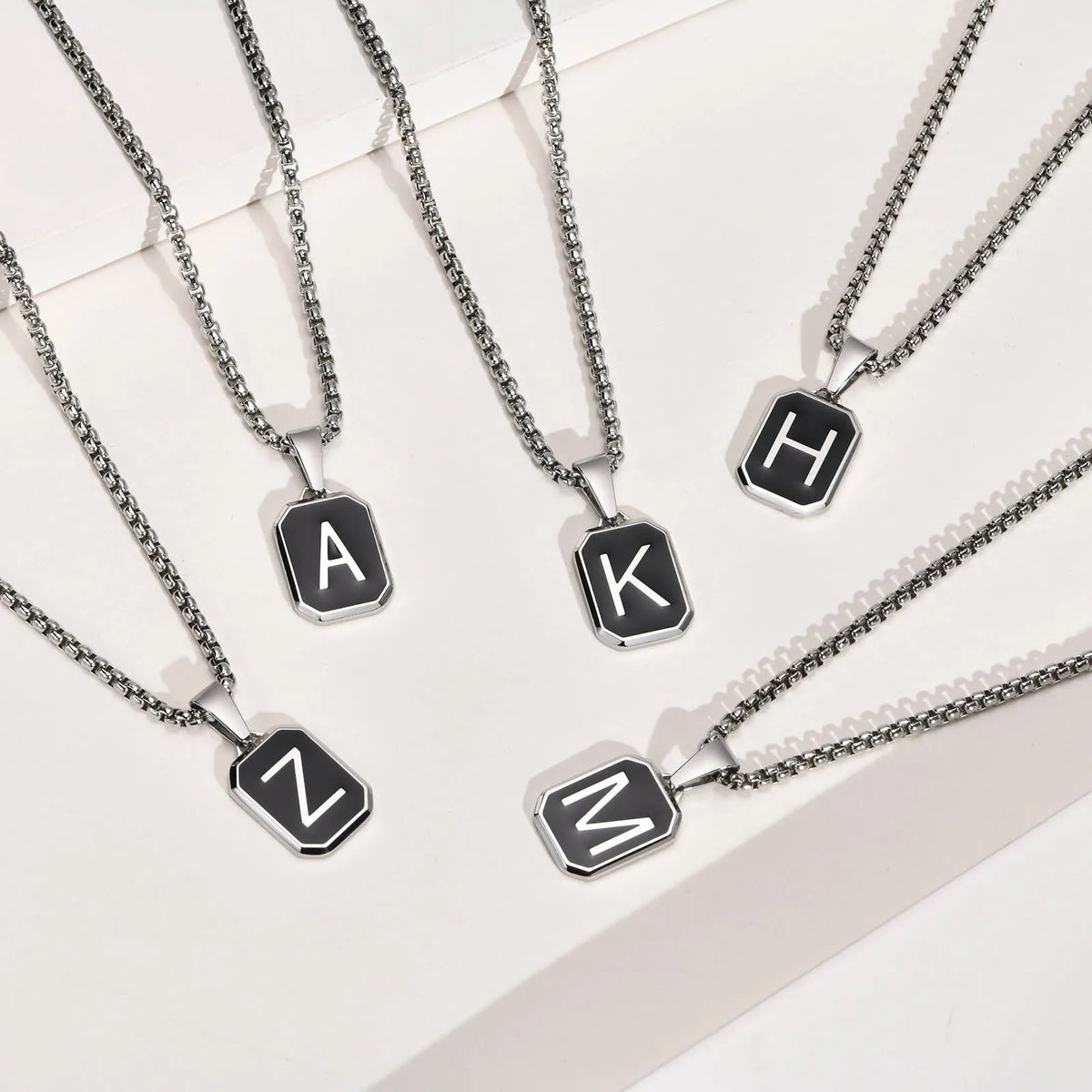 Stylish Initials Square Necklaces for Men Boys,A-Z 26 Letters Stainless Steel Pendant Collar Gifts,50/55/60/70cm