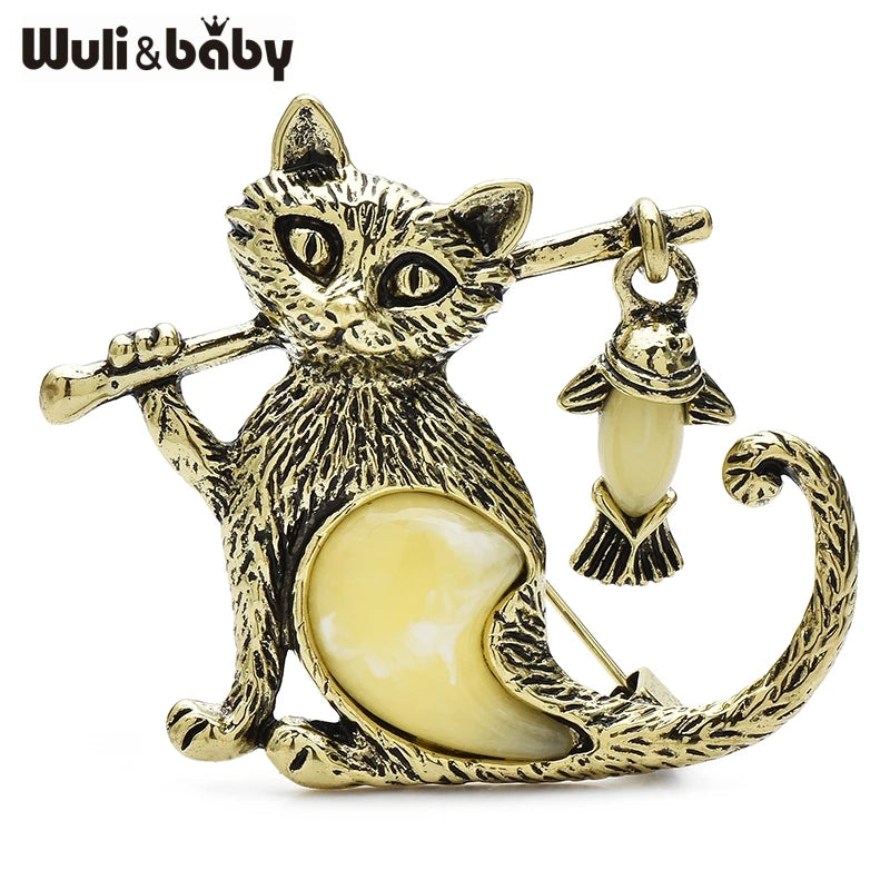 PENDRA Cat with Fish Enamel Brooch